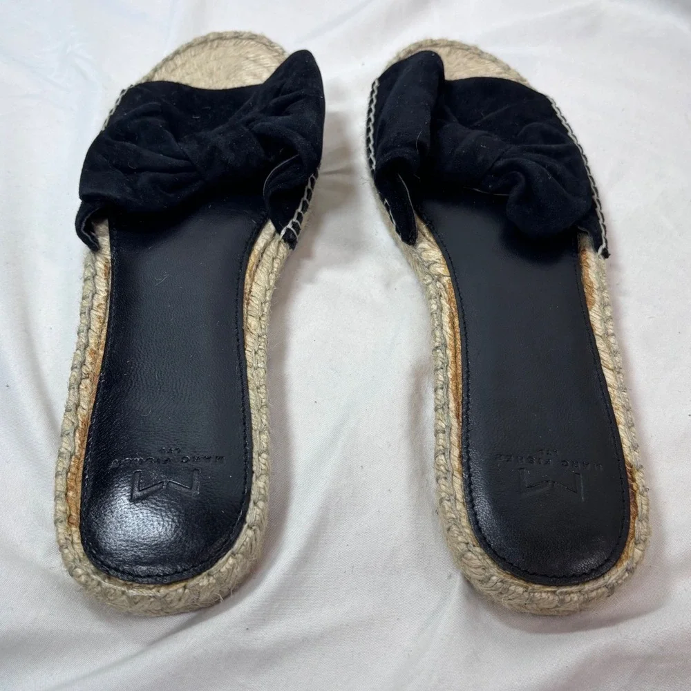 Marc Fisher Valey Slide Sandals Women 11 Black Suede Bow Espadrille Flat MLVALEY